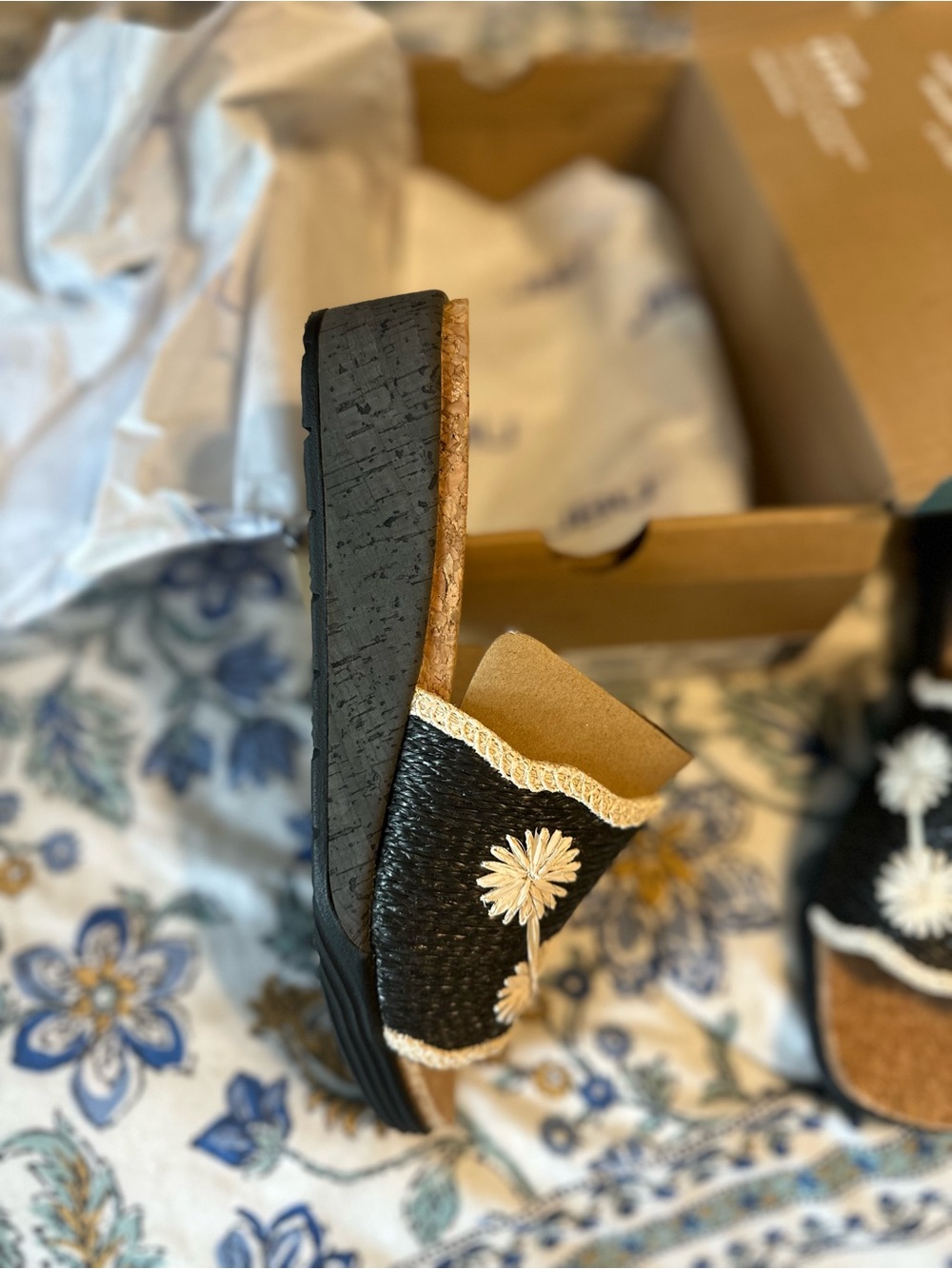 JBU Black Floral Wedge Slide Sandal